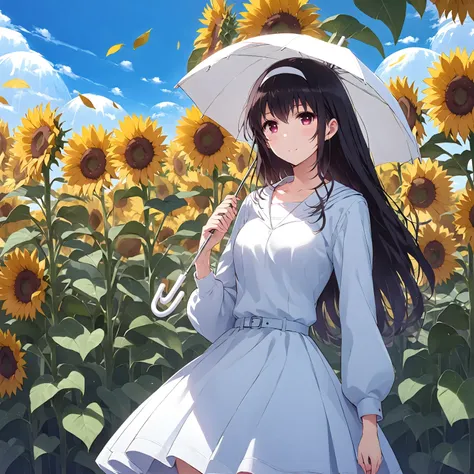 An anime-style beauty standing in a sunflower field。Perfect body，individual，Beautiful woman wearing a white dress，Elegant skirt design，With long sleeves and belted detail。She holds a white umbrella，Black hair，Drop to shoulders。She looks relaxed and happy.，...