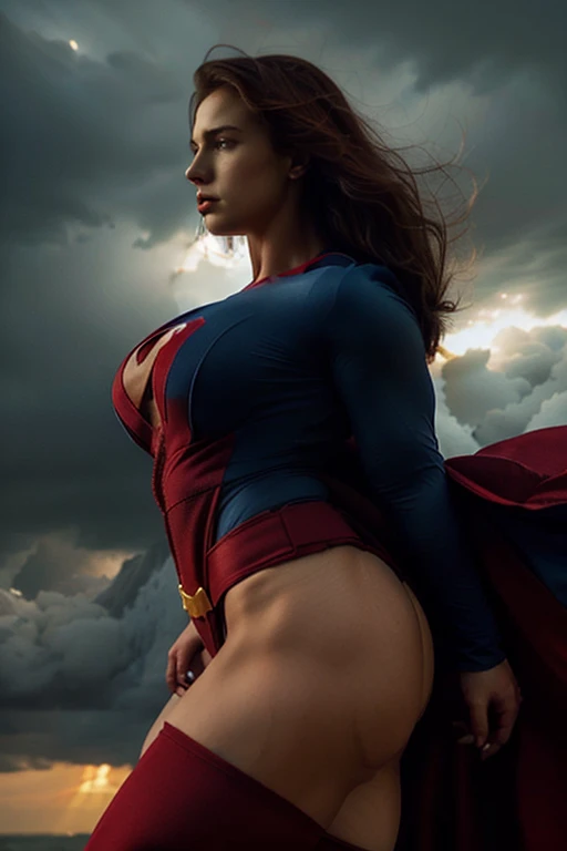 The image features a woman dressed in a blue and red superhero costume, standing confidently in front of a stormy sky. She appears to be a powerful and fearless character, ready to face any challenges that come her way. The womans hair is blowing in the wi...