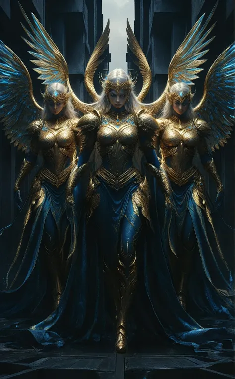 a close up of three women in gold and blue costumes, symmetrical epic fantasy art, stunning cgsociety, cgsociety 9, tomasz alen ...