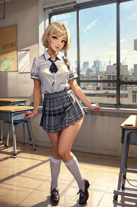 dreaming highschool girl, seating in the class room, grey eyes, grey mini skirt, very short blond haircut, lovely watching at wi...