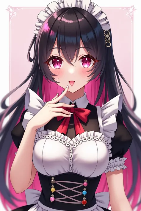 Draw Genshin Style, Adult girl, maid outfit, Black hair is long with pink tips,black bangs, perfect hands, tongue out