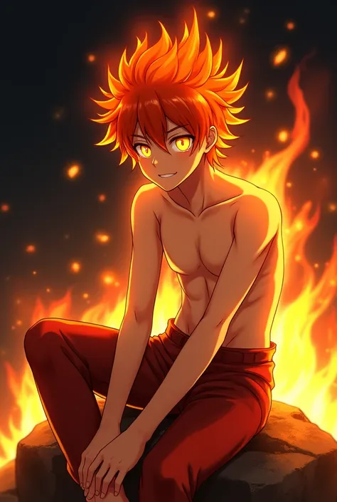 Fire Warrior, 12 years old, male, Completely luminous golden eyes, , glowing skin, anime, golden pointed red fire hair, shy smile, shirtless, sitting on a rock, black atmosphere, fiery aura, fantasy anime style. 