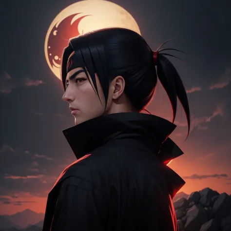 Profile photo, masterpiece, solo, ultra-precise texture rendering, cool handsome Uchiha Itachi, reliable, savior of the world, simple design, best visuals, 8K, red eyes Light, the color is similar to the original ninja according to the story.background for...