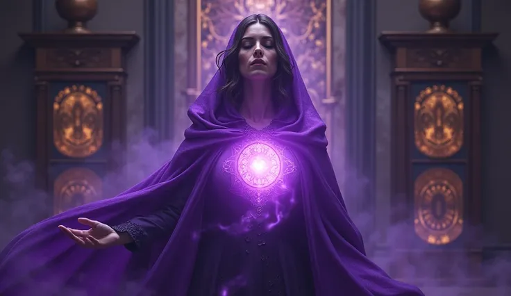 woman with violet priestess cloak, from within his chest comes a great violet flame, convey depth, in the background, a cabinet with radiesthesia mandalas