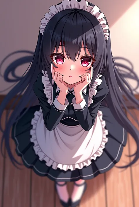 Draw Anime Style Adult Girl, maid outfit, Bblack hair,long hair,black bangs, perfect hands, perfect toes, heart pupils, with an obsessive look 