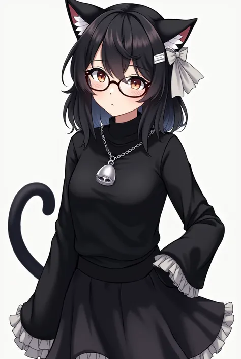 woman has black cat ears with white details inside and appears to have a black tail. He wears round-framed glasses and has black hair with bangs that cover his forehead.. She also has a white hair accessory that looks like a bow on the right side of her he...