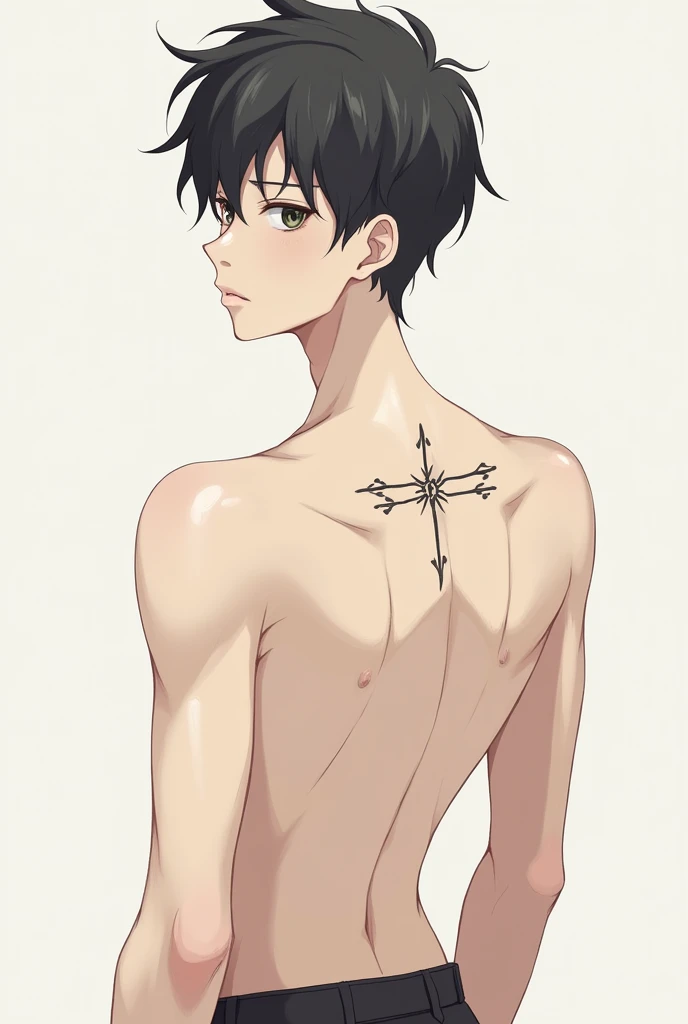 Anime boy with simple sukuna tattoos on the back, in form of lines and shapes