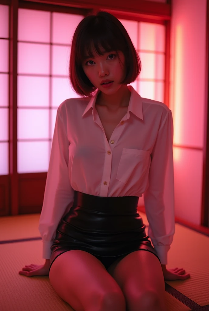 ((Japanese actress))　((Plump and Shiny Lips))　Big Breasts　((Short brown hair with bangs))　((Looking into the camera))　Sit with your legs apart　((White button shirt and black enamel tight skirt))　　Low-angle shot of a person standing facing forward　look down...