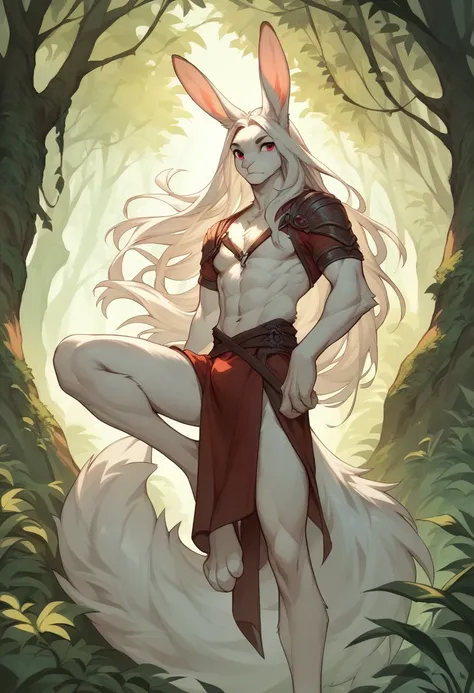 male bunny, lean body, white fur, long hair, whole body, pose, red eyes, clothes of a forest archer, bow in hands, fluffy tail, ...