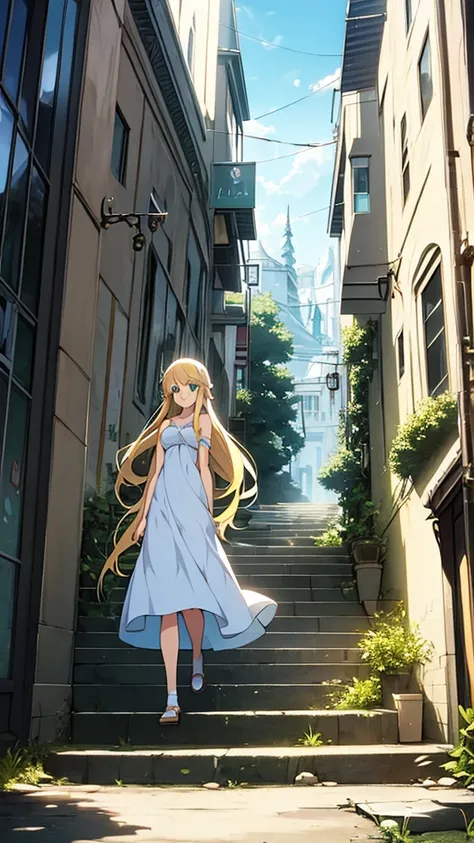 A Studio Ghibli style character,アニメ, long blonde hair, crystal blue eyes, delicate white dress,on a staircase in an abandoned city place 