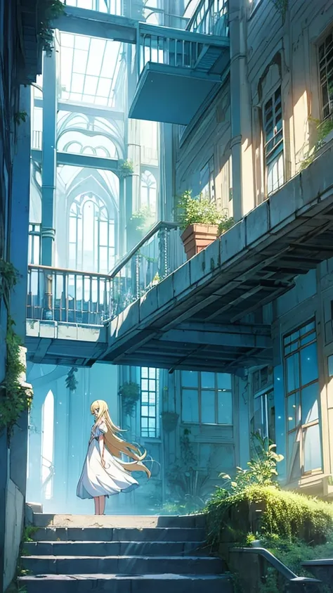 A Studio Ghibli style character,アニメ, long blonde hair, crystal blue eyes, delicate white dress,on a staircase in an abandoned city place 