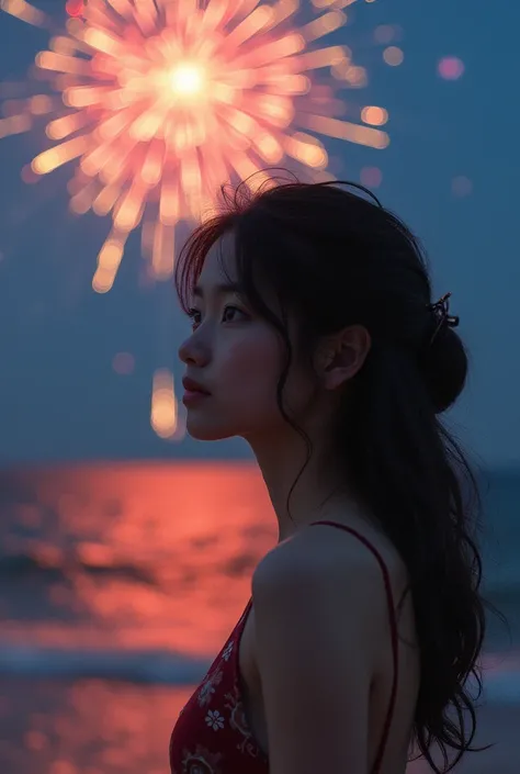 Japanese，Age 18，sister，Randomly generated people with diverse facial features and hairstyles，Perfect Anatomy,Ocean，Beach，firework，Night Sky，Launch firework， Ocean，Mature woman，Photoshoot