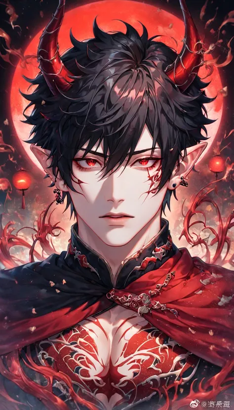 absurdres, highres, ultra detailed, HDR, master piece, best quality, extremely detailed face, delicated features, Xue Yu, untamed spiky hair, black hair, hair between the eyes, short hair,expressive red eyes, Thousand Years War, solo, sexy man, manly man, ...