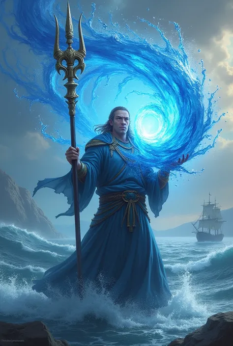 Water Mage wielding a trident conjures a ball of water on his hands and controlling the tides of the sea