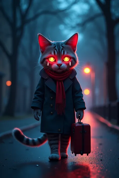 “Create an image of an anthropomorphic feline character, a cat crying, its tears falling from its eyes, sad, very sentimental, holding its suitcase, walking alone on the street, low light trees around it, the cat has a neon light effect.