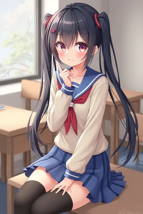 (1girl), kawaii, (highly detailed Beautiful face), (realistic, detailed depiction, Ultra-detailed:1.2), Realistic portrait, twintails, (hi-school uniform), Sitting, depth of fields, School, classroom, (fine face:1.2), 