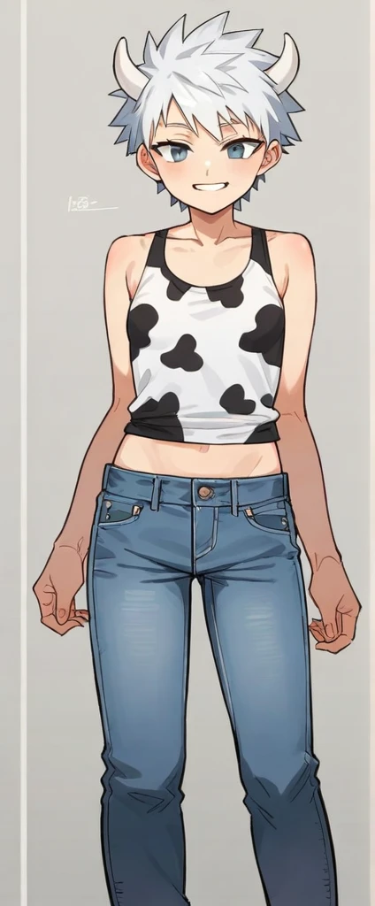 score_9, score_8_up, source_anime, masterpiece, best quality, BREAK 1girl, white horns, white spiked hair, grey eyes, small breasts, smile, pants, cow print tank top, jeans, meadow