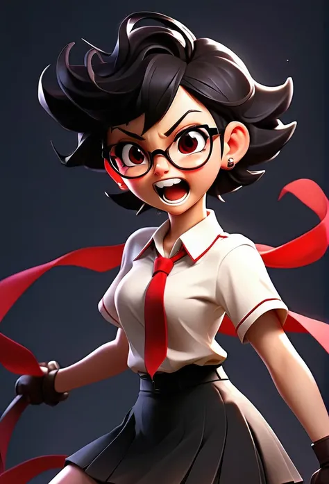 high school girl,Gloomy,deep black short hair,red glasses,Shadowy dark eyes,Dark look,Fair skin,Muscular,Fighting Pose,Scary smile,Fighting spirit rising from the whole body