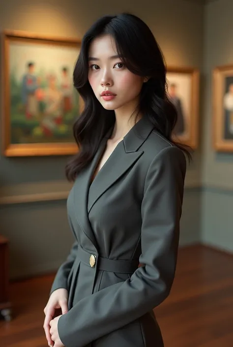 A Japanese woman in an art gallery, wearing a beautifully tailored outfit, the close-up showing her breasts and her hands elegantly placed in front, reflecting her elegance and confidence.