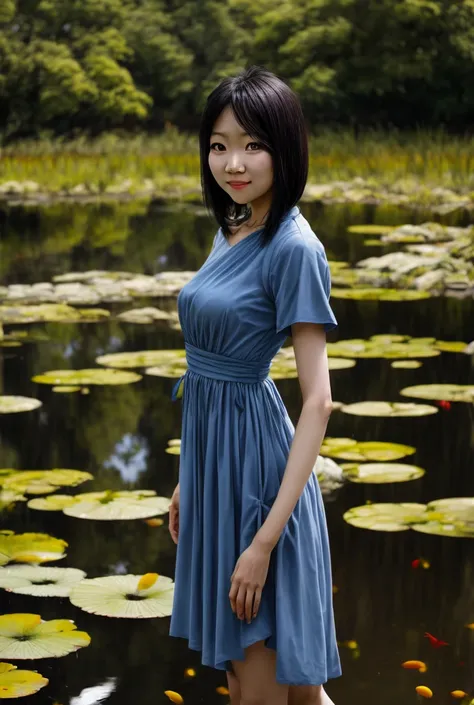 Alaphid Asian woman in blue dress posing in front of pond