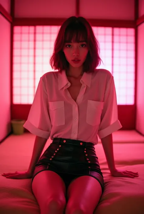 ((Japanese Idols))　((Plump and Shiny Lips))　Big Breasts　((Short brown hair with bangs))　((Looking into the camera))　Sit with your legs apart　((White button shirt and black enamel tight skirt))　　Low-angle shot of a person standing facing forward　look down　(...