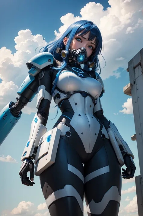 View from below angle from below girl mecha half cyborg, modifications, She has a curvy figure but a narrow waist., she has long blue hair, with blue eyes, with a gas mask on his face, cybernetic suit blue, costume parts with blue lights and LEDs, a multit...