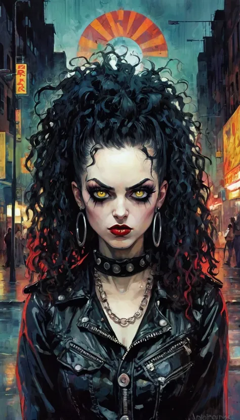 (1 lady, alone, curvy upper body, large) close-up, experiments with appearance: long curly hair, dramatic makeup, unconventional fashion choice behavior: punk, nonconformity, provocation location: demon eyes, urban art district、Underground music venues Hob...