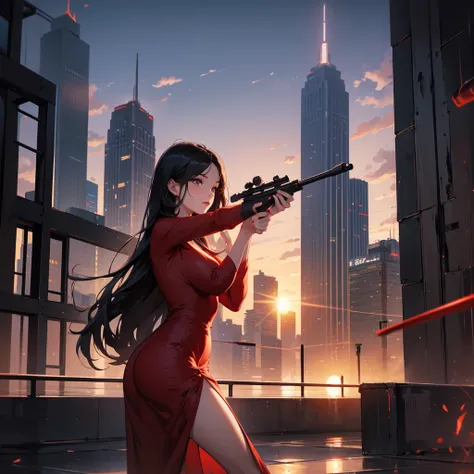 a beautiful woman with long black hair, wearing a tight red dress, standing holding a rifle, aiming the barrel at the bad guys, on a tall building, the sun is setting.