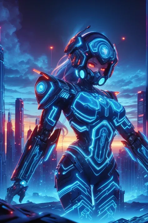 View from below angle from below girl mecha half cyborg, modifications, She has a curvy figure but a narrow waist., she has long blue hair, with blue eyes, with a gas mask on his face, cybernetic suit blue, costume parts with blue lights and LEDs, a multit...