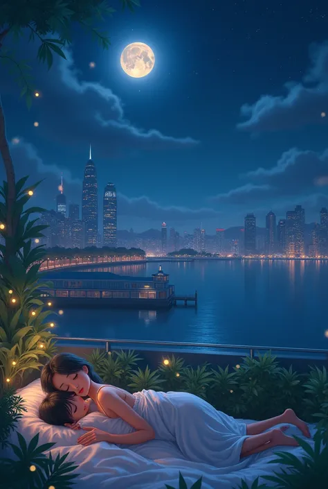 Girl and boy in city rooftop and moonlight with Star and sleep in dock