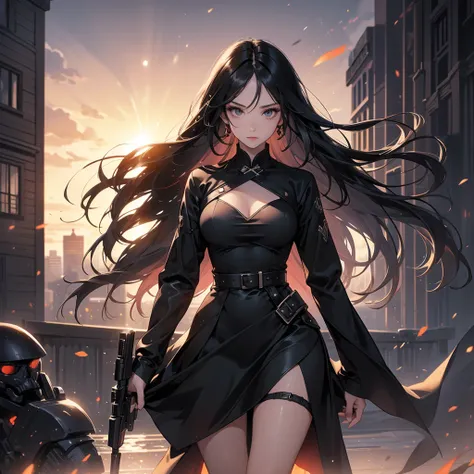 a beautiful woman with long black hair, wearing a tight black dress, standing holding a pistol, aiming the barrel at the bad guys, on a tall building, the sun is setting.