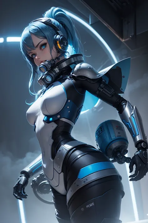 View from below angle from below girl mecha half cyborg, modifications, She has a curvy figure but a narrow waist., she has long blue hair, with blue eyes, with a gas mask on his face, cybernetic suit blue, costume parts with blue lights and LEDs, a multit...