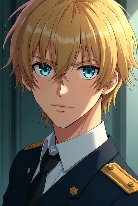 Toru Amuro, with sky blue eyes and slightly long blonde hair。