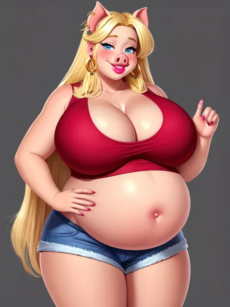 Blonde pig woman, wearing a red crop top and jean shorts, perfect face, blue eyes, pig ears, cleavage, big belly, three-quarter view, solo, smile, perfect detailed body, pink lipstick, gold earring, blushing, self groping belly, Long Hair, Large breasts, B...