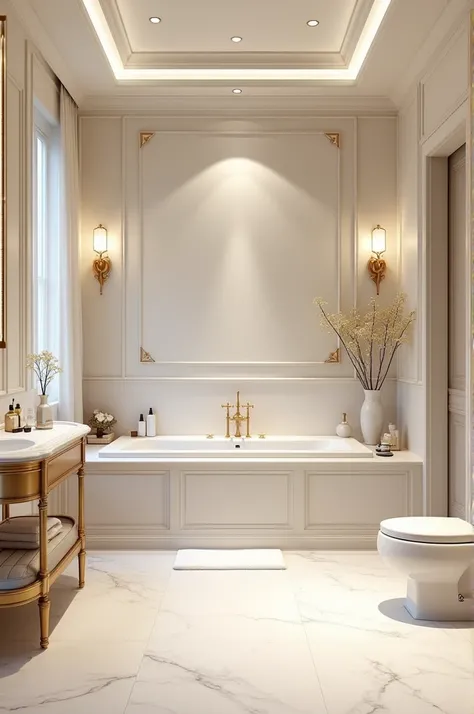 Large and luxurious bathroom with a large tub and a bathroom with white and gold tones and with makeup and women&#39;s things around.