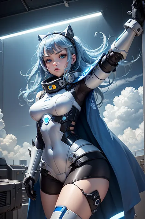 View from below angle from below girl mecha half cyborg, modifications, She has a curvy figure but a narrow waist., she has long blue hair, with blue eyes, with a gas mask on his face, cybernetic suit blue, costume parts with blue lights and LEDs, a multit...