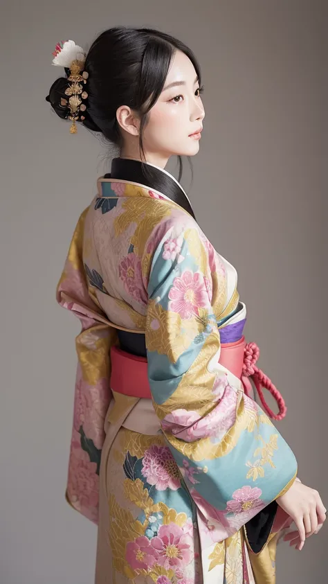 Create an illustration of a Japanese noblewoman from the Heian period, dressed in an elaborate and colorful multi-layered kimono. The kimono should feature intricate floral patterns with a combination of soft yellow, green, and pink colors. The noblewoman ...