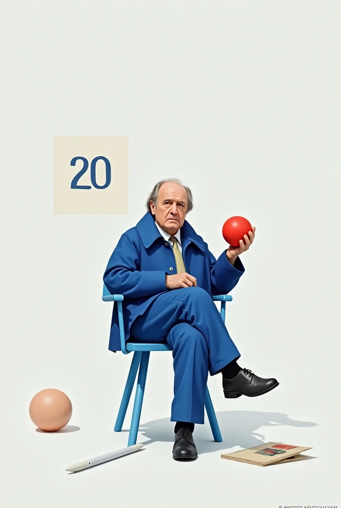 20 + age Cut to blue chair sitting on right leg left leg blue coat white pen 
The right hand holds a red ball
Looking at the camera, straight ahead
