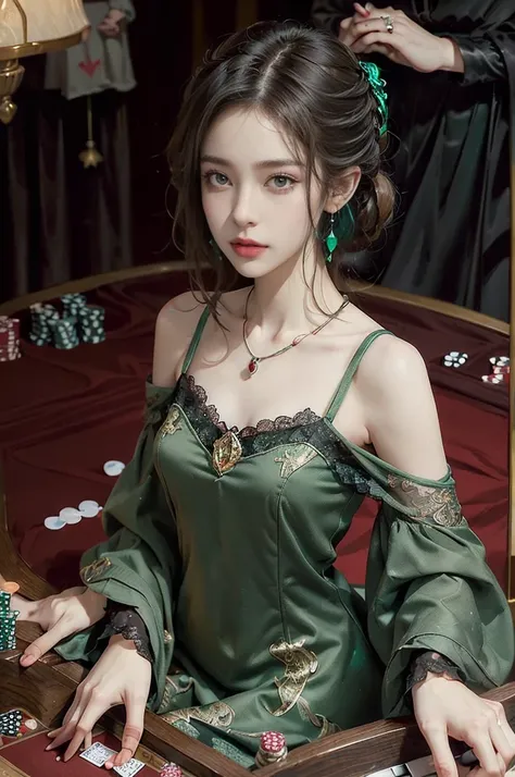 (((best quality))),(((ultra detailed))),(((masterpiece))),illustration,((1 beautiful girl,solo)),(shoulder-length straight bob:0.8),((earrings,necklace)),((slim,thin)),((small breasts,flat chest)),(sitting by the card table:1.3),(dark night scene:1.3), lam...