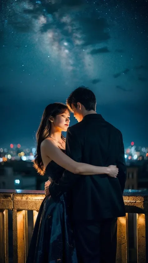 A couple stands against the backdrop of the night sky, creating a beautifully romantic scene adding an air of mystery to the romantic scene, the night sky and city lights, (Raw photo, highest quality), (8K, highest quality, masterpiece: 1.2), Super detaile...