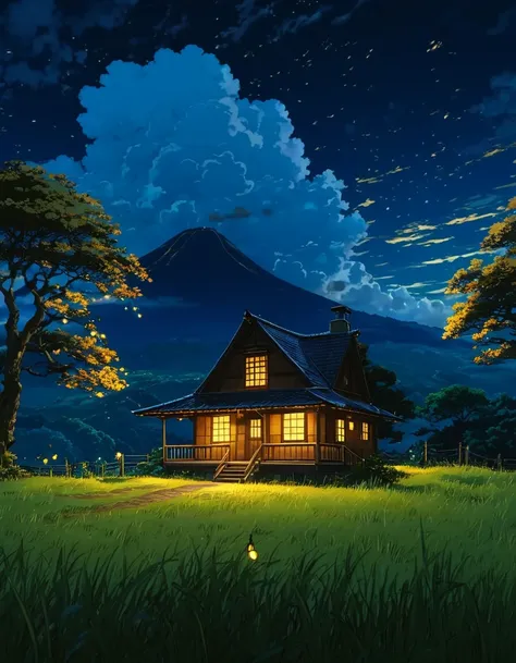 masterpiece!!!!     8k a cabin ANIME GHIBLI STYLE!!!!! The image shows a serene night scene of a house under a tree clouds hill golden clouds lighting anime 8k l fireflies grass night golden leaves stylo anime ghibli,     under tree,      you grow a night ...