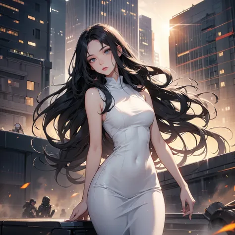 a beautiful woman with long black hair, wearing a tight white dress, standing holding a pistol, aiming the barrel at the bad guys, on a tall building, the sun is setting.