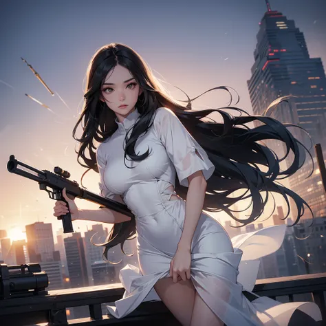 a beautiful woman with long black hair, wearing a tight white dress, standing holding a rifle, aiming the barrel at the bad guys, on a tall building, the sun is setting, close up.