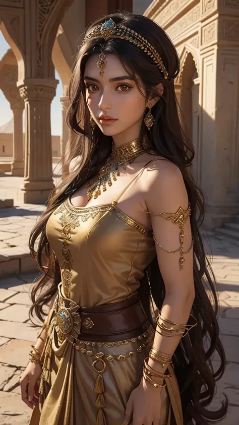 Ancient persian young beautiful woman with dark brown long with smooth curls. She has light brown eyes. She is dressed in a typical ancient persian desert princess outfit. She stands in front of her royale palace. Her face is smoothly mature but still youn...