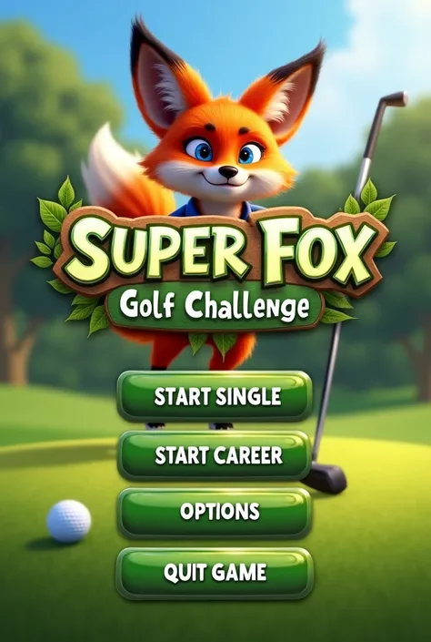 realitic photo stle,highly detailed herbs golf ambiance, a title screen of a computer game called "Super Fox Golf Challenge". A blue eyes fox wirh realistic fur playing golf is pictured. In the bottom there is a button captioned with herb"START SINGLE" bel...