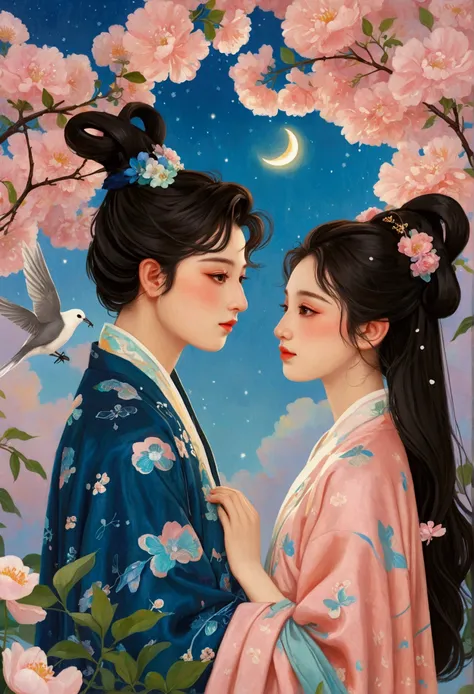 Oil painting on canvas，Etienne Adolphe Piaud, Etienne Adolphe Piot，English Pre-Raphaelite painter，Pre-Raphaelite Brotherhood, ink style, masterpiece, dream花园，Aesthetic治愈，moon，Star，Aesthetic诗意，A man and a woman in Hanfu stand on a magpie bridge made of soft...