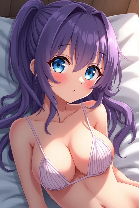 Beautiful anime girl blue eyes,purple hair,naked, lying on bed, big ass, big tits, big boobis,cum and whiteslimeonherbody,having sex,porn,with a man,big pinis,big dick, +18