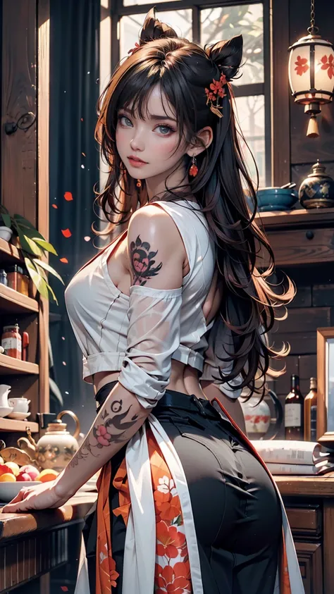 Ancient Chinese Beauties, Attractive temperament, Flowing long skirt, Clear Face, Beautiful Eyes, Around the sweet osmanthus, A well-proportioned masterpiece with perfect body structure, Very detailed, A magnificent composition, Color tattoo art, New Tradi...