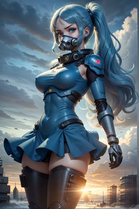 View from below angle from below girl mecha half cyborg, modifications, She has a curvy figure but a narrow waist., she has long blue hair, with blue eyes, with a gas mask on his face, cybernetic suit blue, costume parts with blue lights and LEDs, a multit...