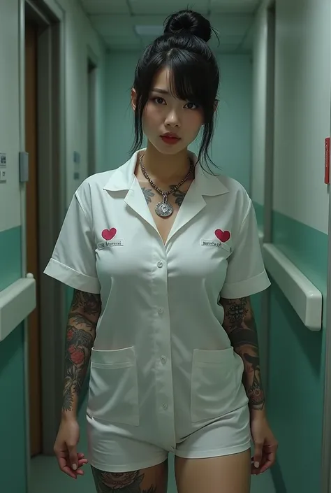 Japanese woman,Beautiful,40 years old,thick bodied,white skin yakuza tattoos,big chested,big ass,thick thighs,expression of lust,black hair color in bun,brown eye color,dressed as a nurse,full body photo distance,dynamic point of view,wide open leg pose,ho...